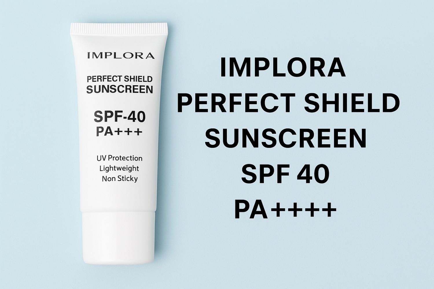 Implora Perfect Shield Sunscreen SPF 40 PA++++, sunscreen lokal bersertifikat BPOM untuk perlindungan maksimal dari sinar UVA dan UVB.